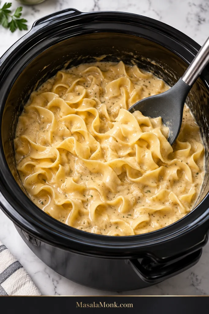 Extra-wide egg noodles softening in creamy sauce inside a slow cooker, with some noodle ribbons still above the liquid.