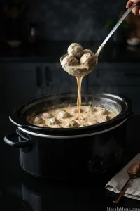 Creamy Crock Pot Swedish meatballs in an oval slow cooker, with a ladle lifting several meatballs as pale brown gravy drips back into the pot.