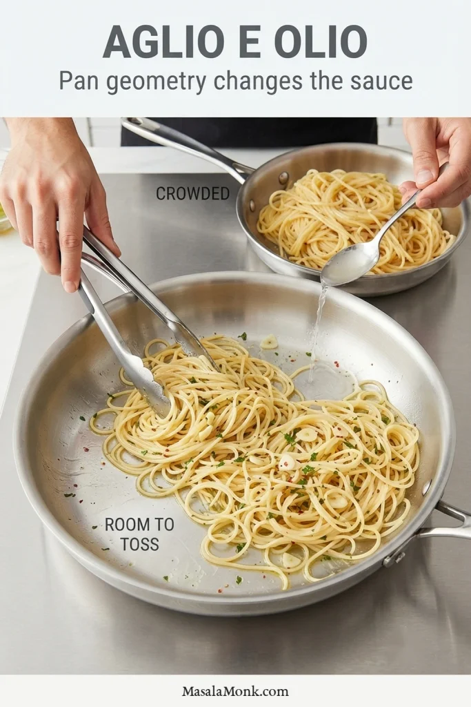 Overhead comparison of spaghetti in a wide skillet with room for tossing and a smaller crowded pan containing a dense mound of noodles.