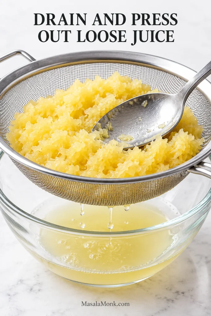 Crushed pineapple being pressed with a spoon in a fine-mesh strainer over a clear bowl collecting excess juice.