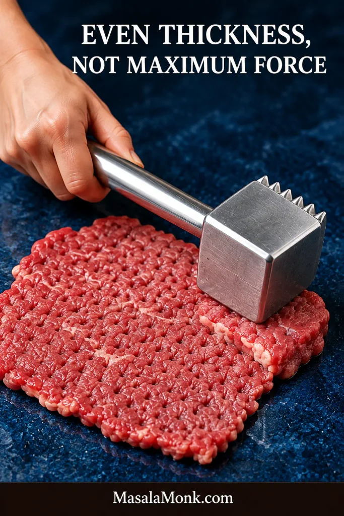 Raw cube steak being gently flattened with a smooth meat mallet to even out thicker areas.
