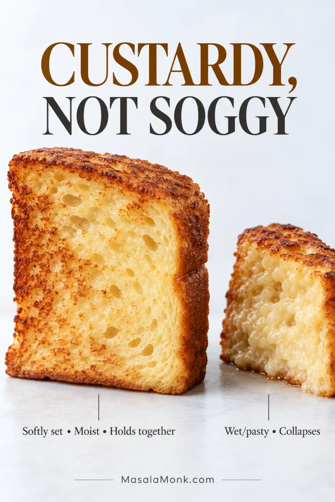 Side-by-side cut French toast pieces showing a structured, moist custardy center compared with a wetter, compressed and collapsing soggy center.