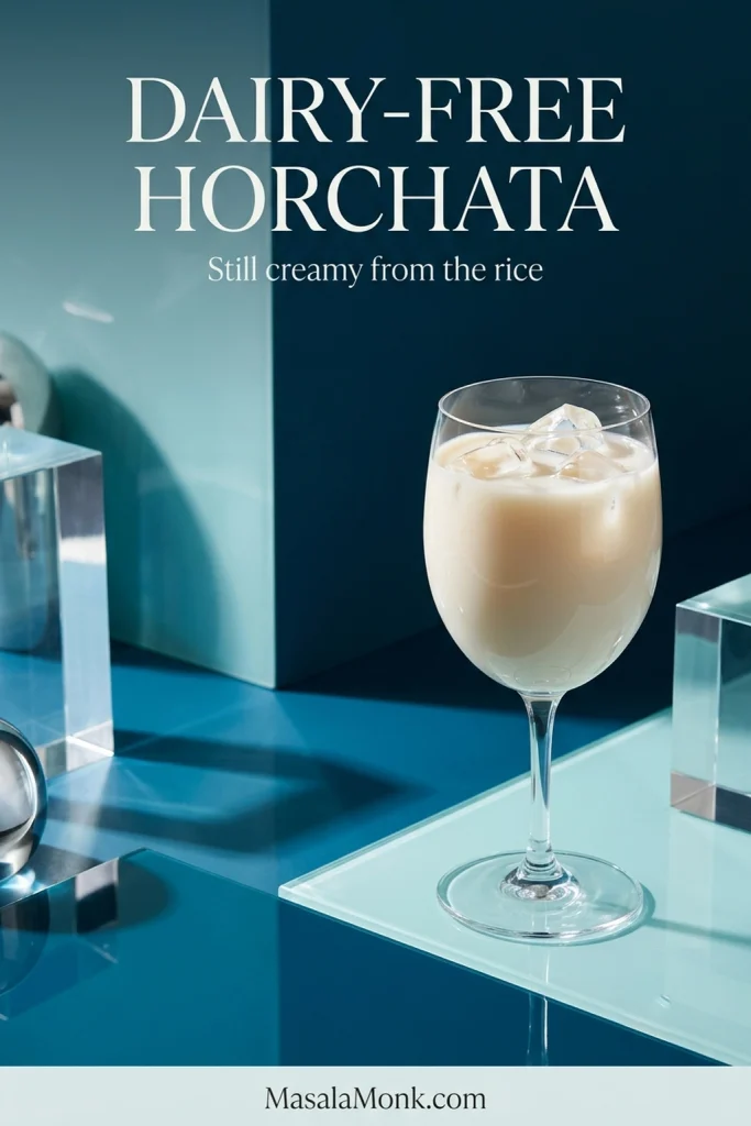 Tall glass of opaque dairy-free Mexican horchata served over clear ice against an aqua and silver background.