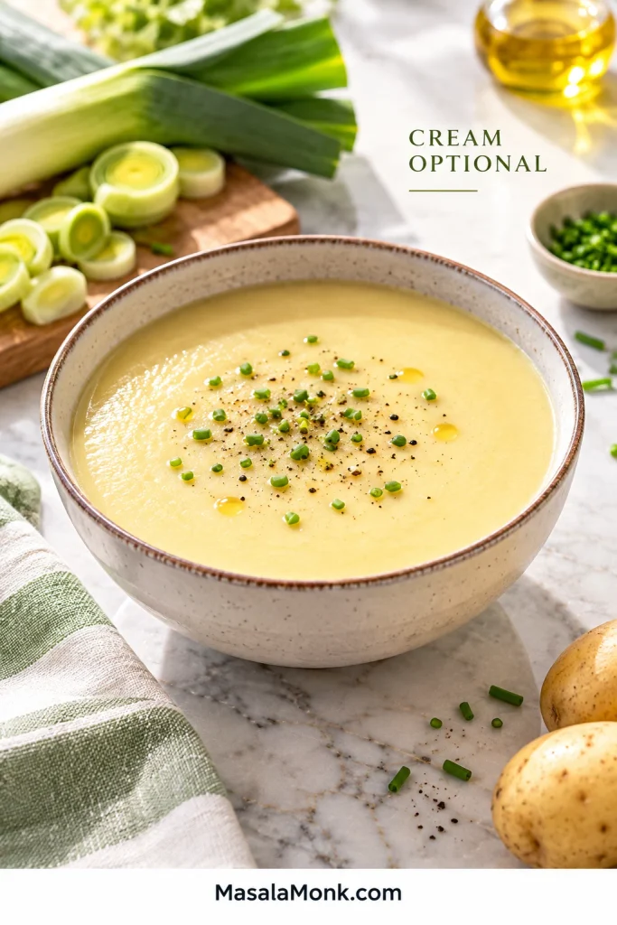 Bowl of smooth dairy-free potato leek soup garnished with chopped chives.