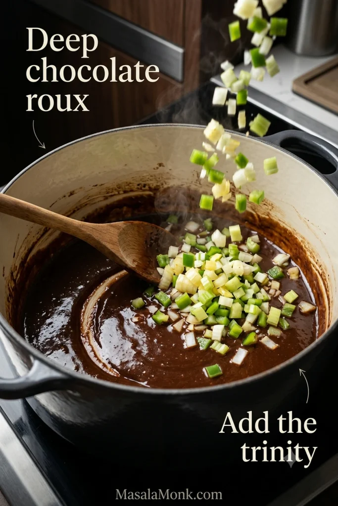 Diced onion, green bell pepper and celery being stirred into glossy deep chocolate-brown roux in a light enameled Dutch oven.