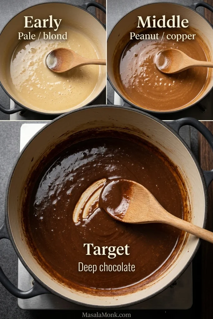 Three stages of flour-and-oil roux shown in light enameled pots: pale blond, peanut-to-copper brown and deep chocolate brown.