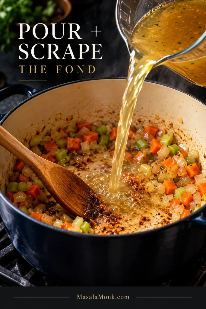 Golden chicken broth being poured into a pot while a wooden spoon scrapes browned fond from the bottom among cooked onion, carrot and celery. Text reads “Pour + Scrape the Fond.”