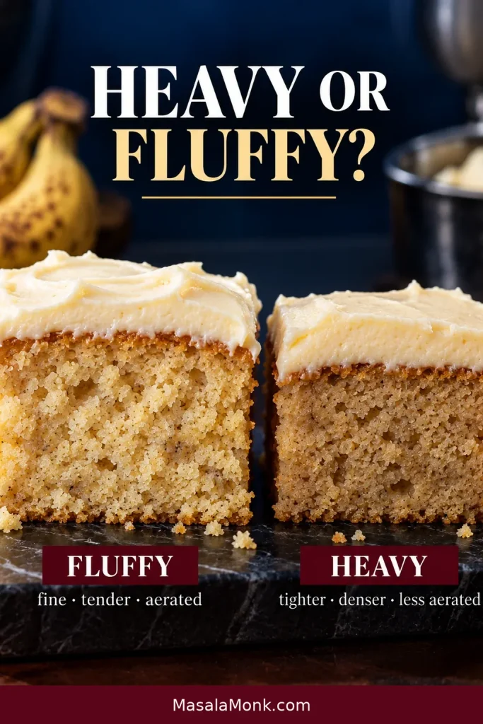 Two banana cake squares show contrasting interiors: one has a lighter aerated crumb, while the other has a tighter, denser structure throughout.