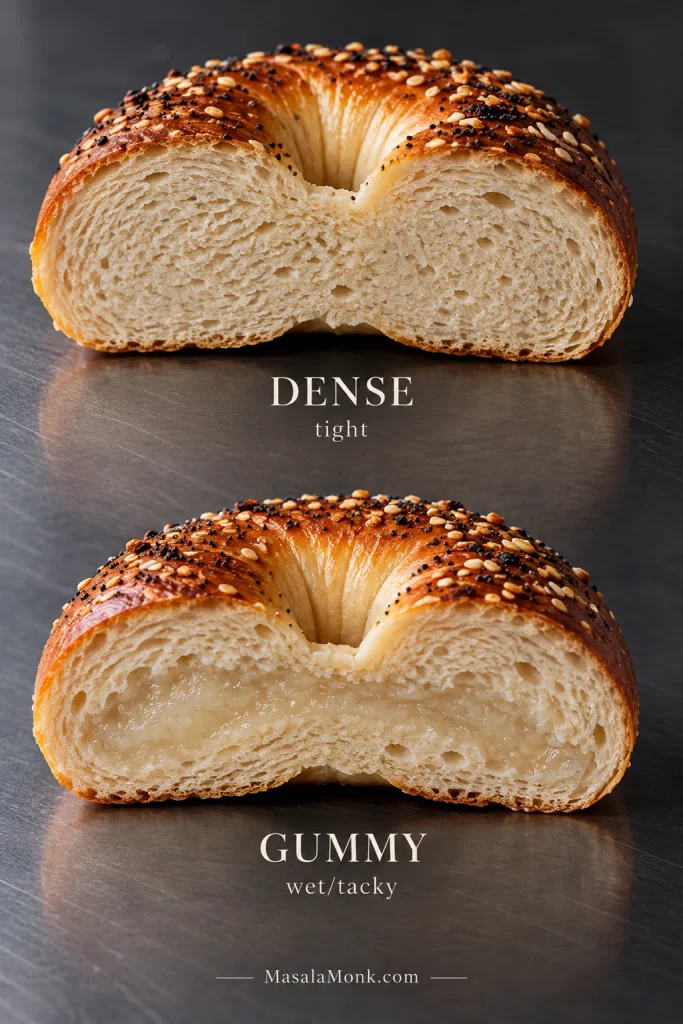 Two cut bagels comparing a tight, dry dense crumb with a visibly damp, tacky gummy center under the same lighting.