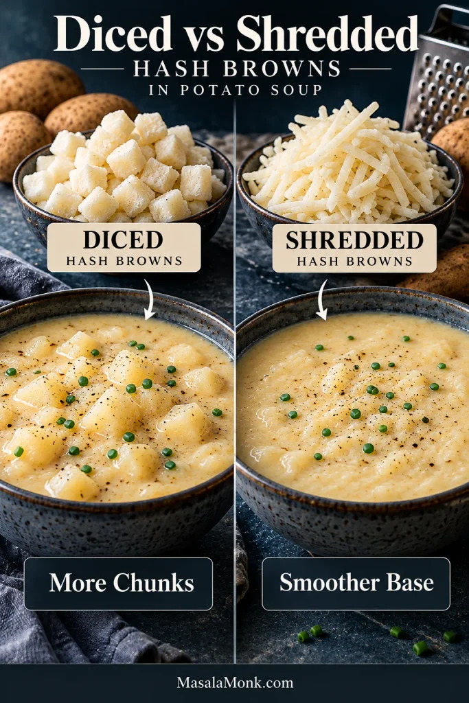 Diced frozen hash browns beside chunkier potato soup and shredded hash browns beside smoother soup, labeled More Chunks and Smoother Base.