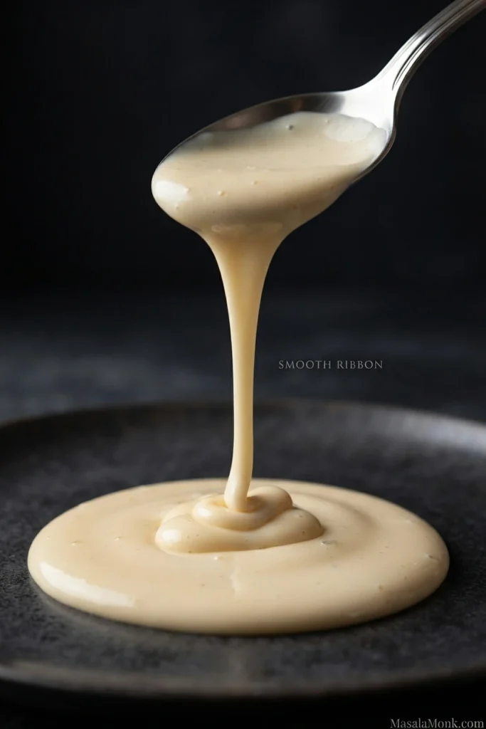 Pale Dijon cream sauce falls from a spoon in a smooth ribbon onto a dark plate; the image is labelled “Smooth ribbon.”