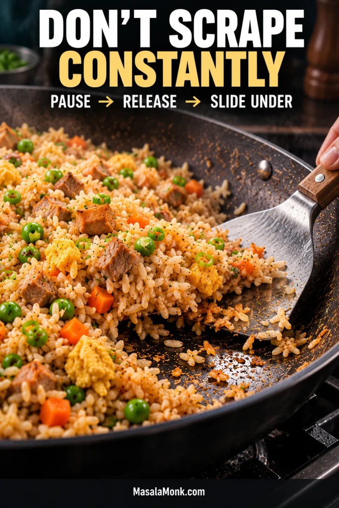 Broad metal spatula sliding underneath lightly stuck fried rice as the browned layer releases from the skillet.