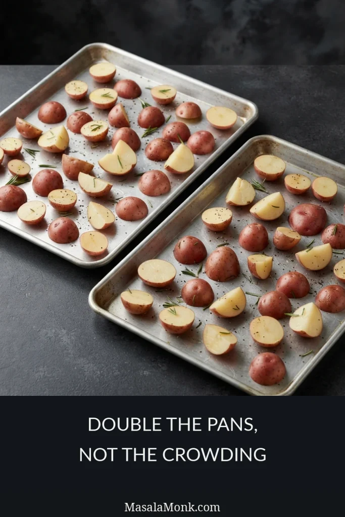 Two metal baking sheets hold separate, uncrowded layers of seasoned red potato halves, quarters and chunks.