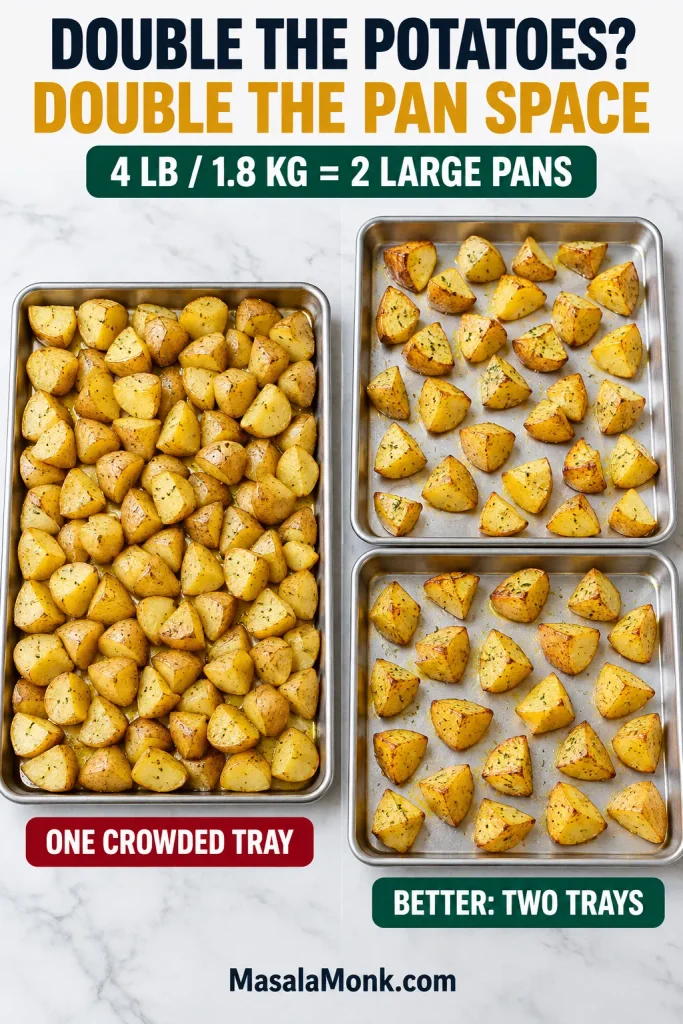 One crowded sheet pan of potatoes compared with two large trays holding a double batch with more space between the pieces.