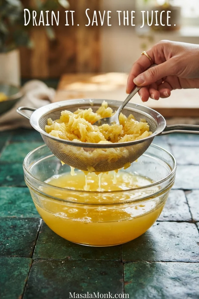Crushed pineapple draining in a metal sieve over a bowl collecting the pineapple juice below.