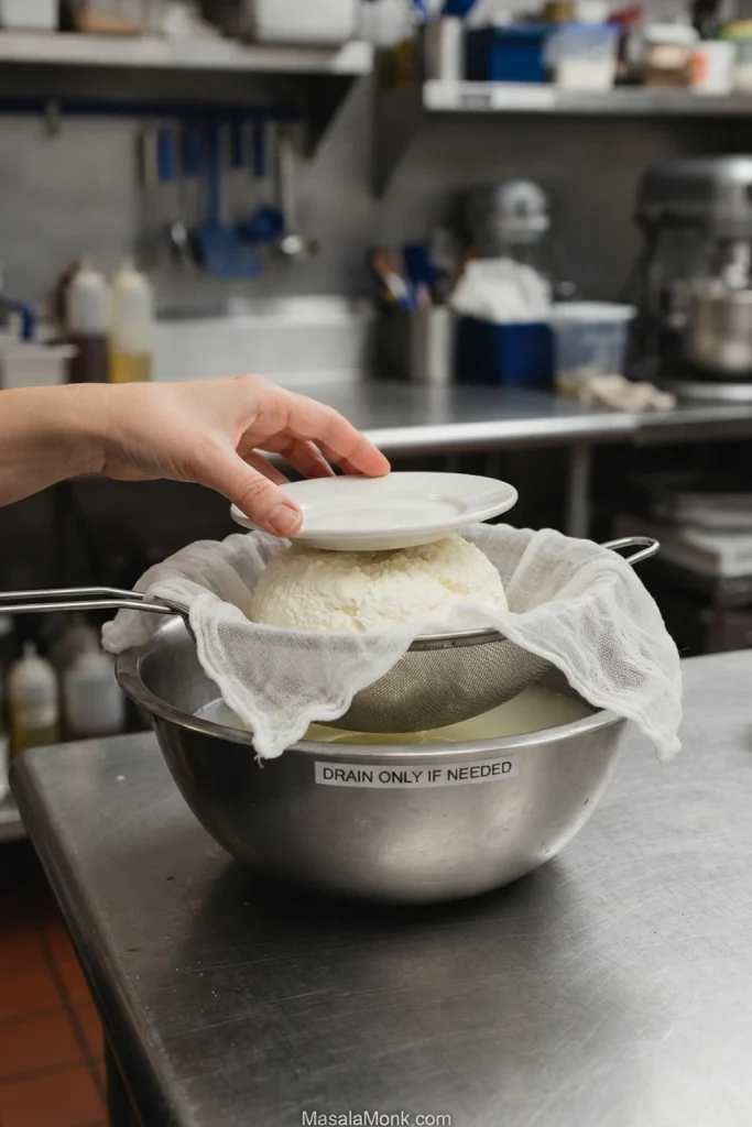 Hand placing a small plate over ricotta in a cloth-lined fine-mesh sieve set above a metal bowl to collect whey.