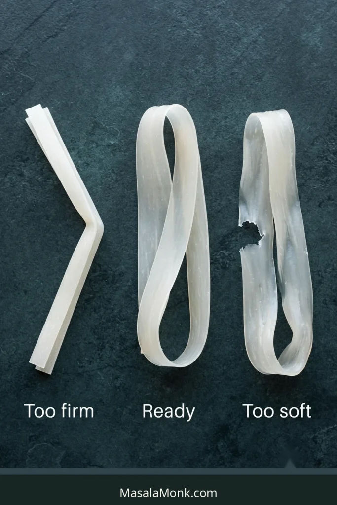 Wide rice noodles shown at three hydration stages labeled too firm, ready and too soft.