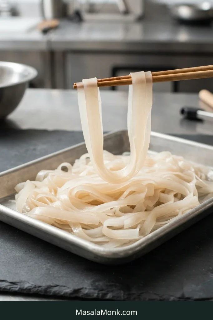 Chopsticks lift a drained wide rice noodle into a smooth curved bend above a metal tray.