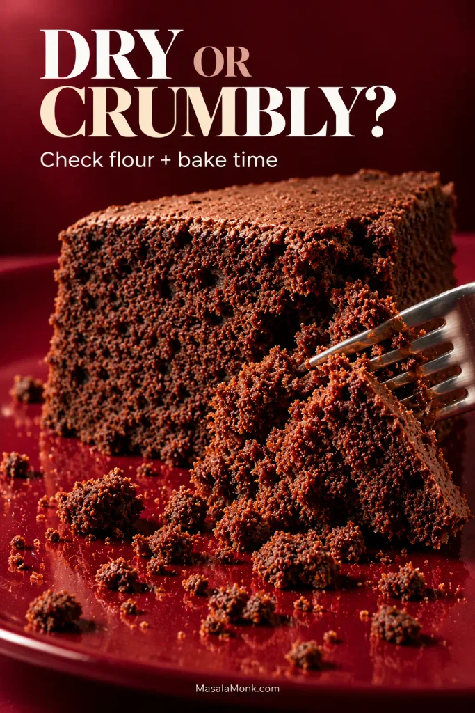 Bare chocolate cake breaking apart under a fork, with a fractured crumb and loose chocolate cake crumbs scattered around it.