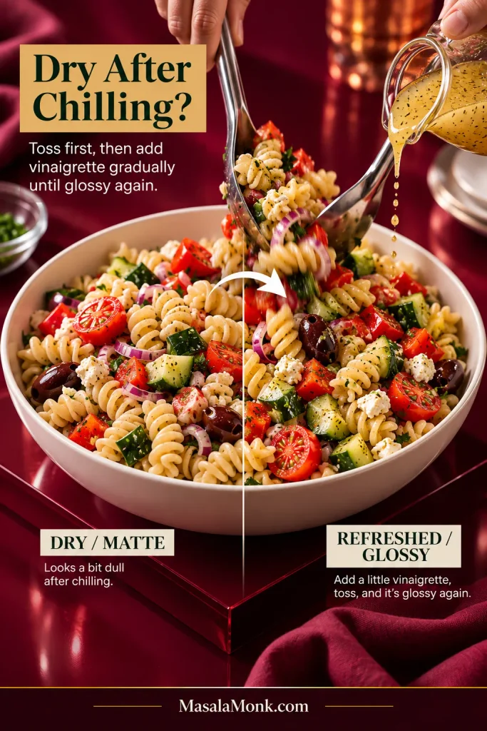 Split view of the same pasta salad looking matte after chilling on one side and glossier after tossing and adding a small amount of vinaigrette on the other.