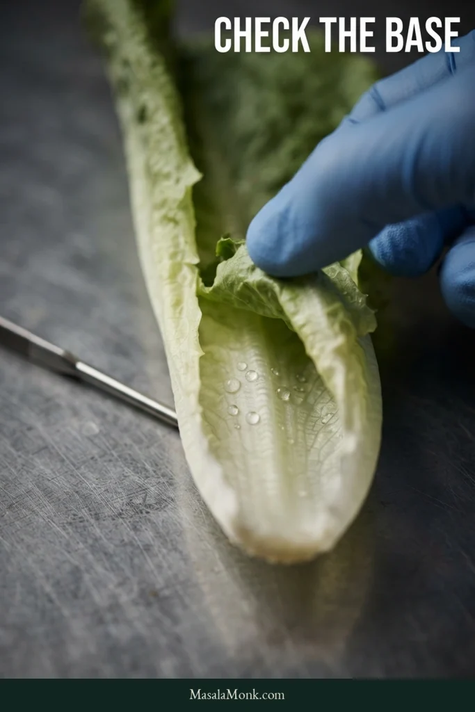 Blue-gloved hand opening the pale base of a romaine leaf to show water droplets trapped along the inner rib.