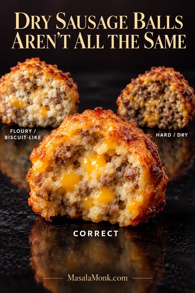 Three cut-open sausage balls labeled floury or biscuit-like, correct, and hard or dry, showing visibly different interior textures.