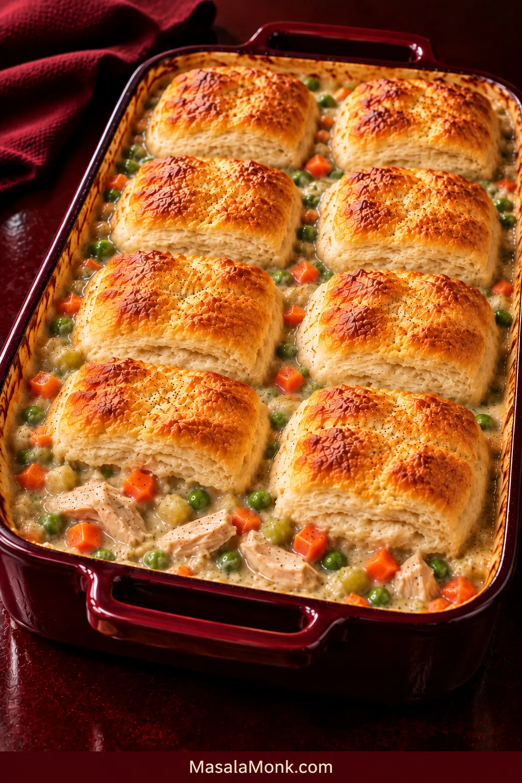 A finished chicken pot pie casserole should not look like biscuits fused into one solid crust. Visible pockets of creamy filling make the topping easier to read for doneness and keep the casserole looking saucy rather than bread-heavy.