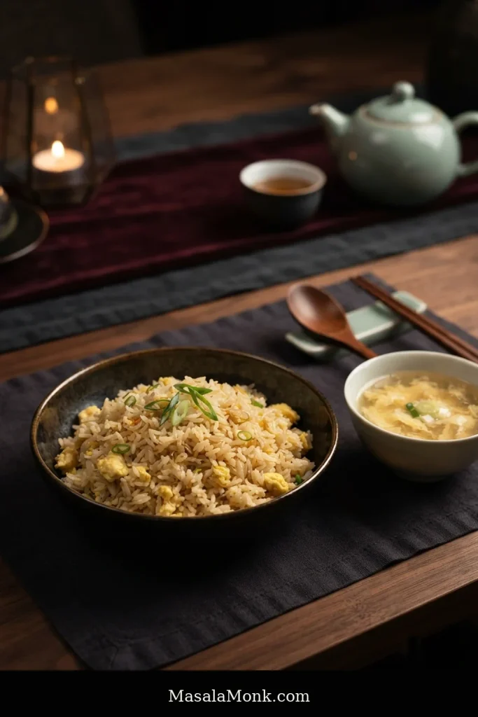 Dinner setting with a bowl of pale egg fried rice in the foreground and a smaller bowl of golden egg drop soup with delicate egg ribbons beside it.