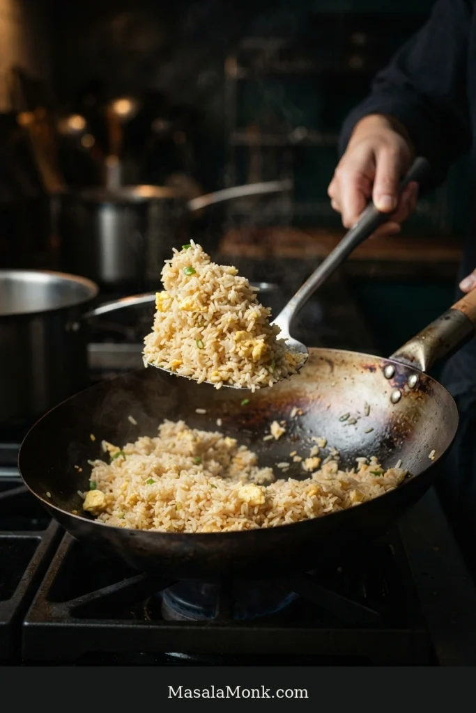Finished egg fried rice being lifted in a dark wok, with pale separate rice grains, soft yellow egg curds and a restrained amount of sliced scallion.