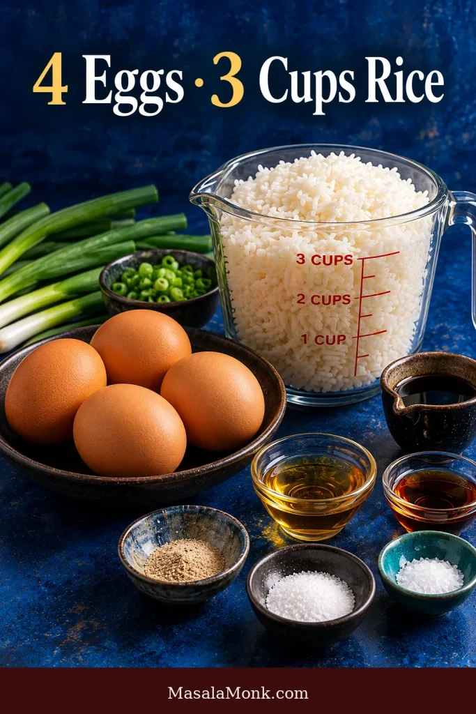 Four brown eggs beside a clear measuring jug containing three cups of cooked white rice, with scallions and small dishes of seasonings arranged nearby.