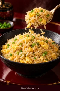 Dark bowl of pale golden egg fried rice with separate jasmine grains, soft yellow egg curds and sliced scallions, while a serving spoon lifts rice and several grains fall back toward the bowl.