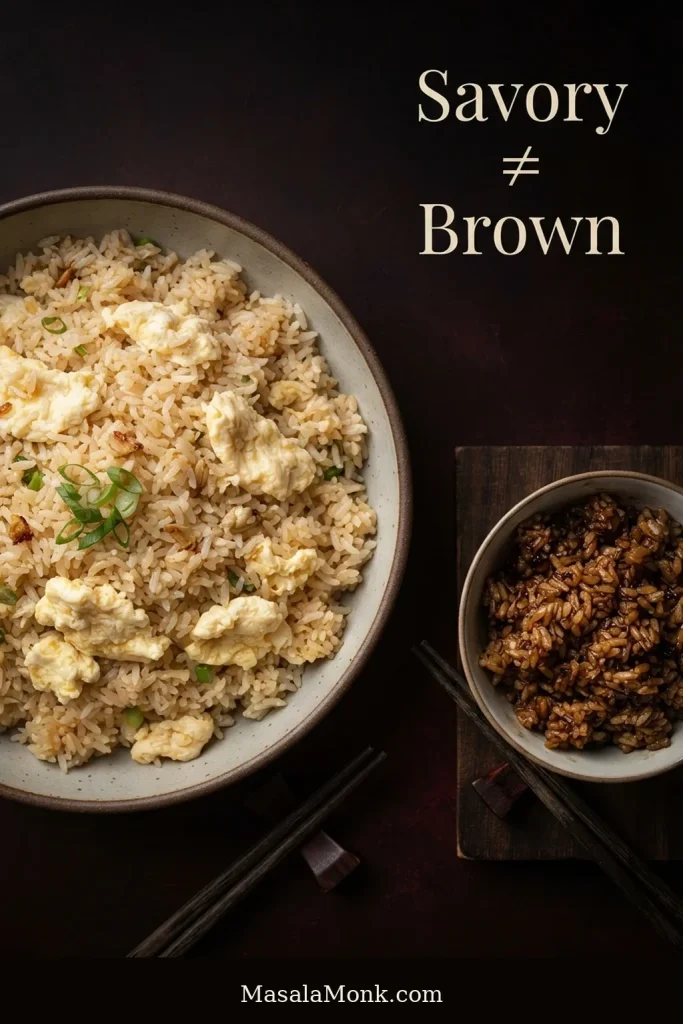 Pale golden egg fried rice with visible egg curds shown prominently beside a smaller, much darker soy-heavy portion for comparison.