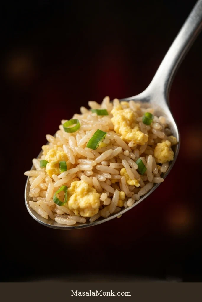 Close-up spoonful of egg fried rice showing individual pale jasmine rice grains, soft yellow egg pieces and a few sliced green scallions.