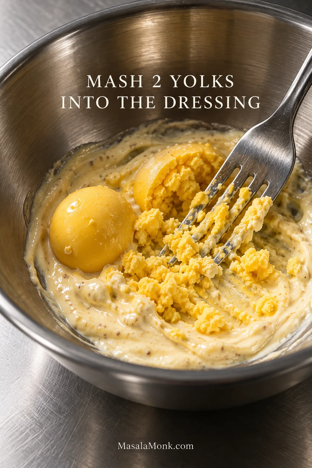 Two cooked egg yolks being mashed with a fork into a thick mayonnaise and mustard dressing in a stainless-steel bowl.