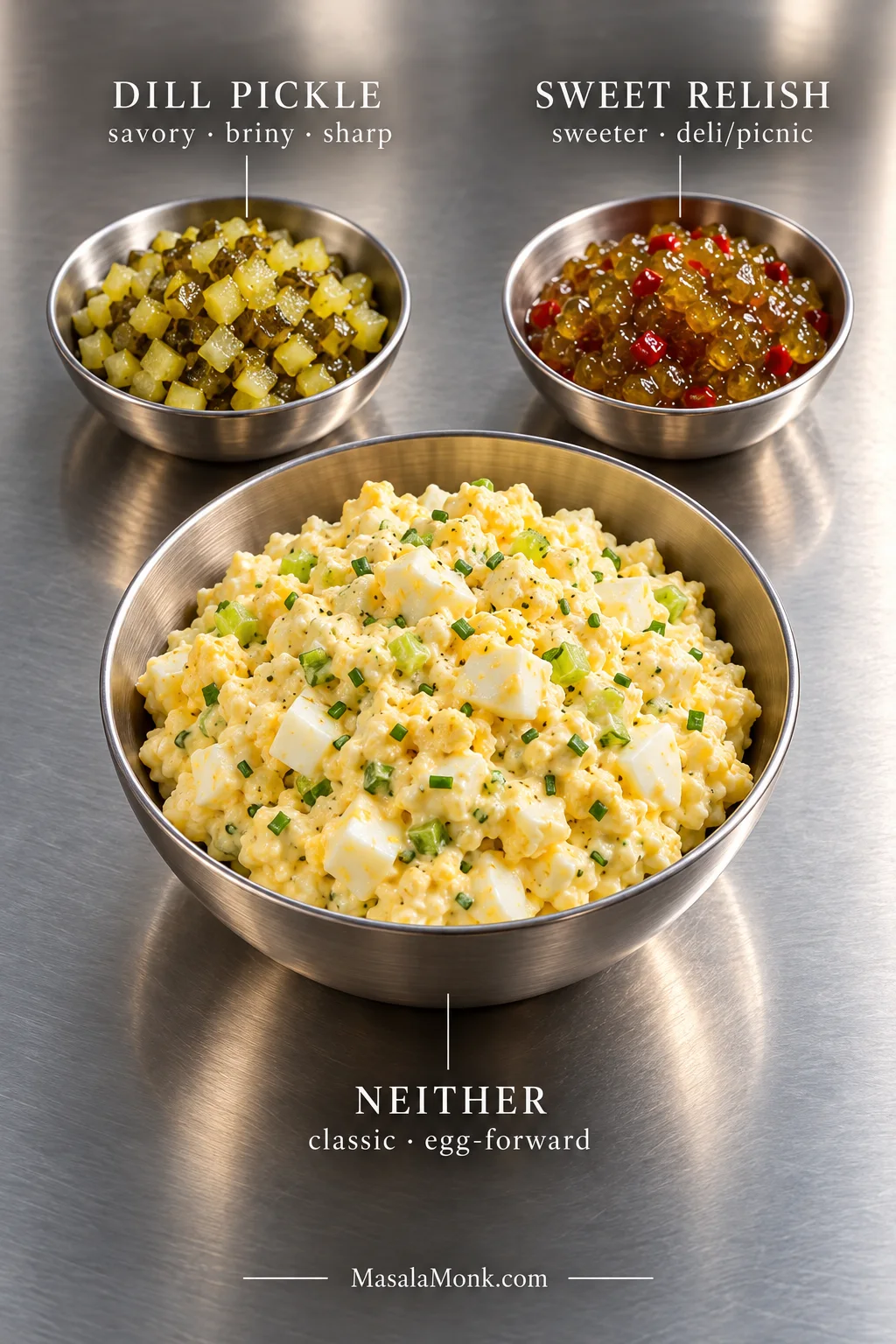 Central bowl of egg salad with separate dishes of chopped dill pickle and sweet relish, labeled as dill pickle, sweet relish and neither.
