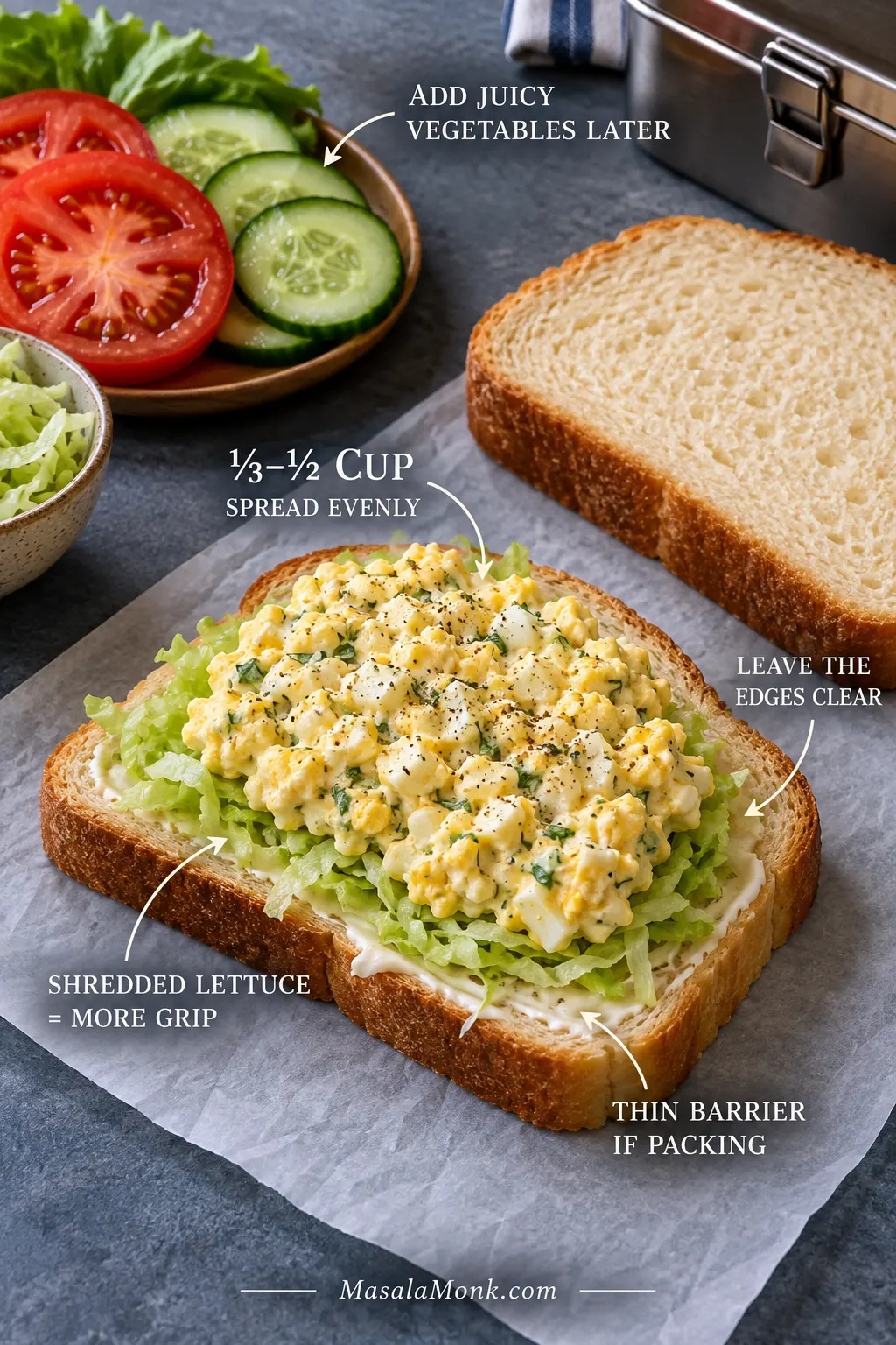 Open egg salad sandwich showing shredded lettuce, a thin moisture barrier and evenly spread filling with space around the bread edges; tomato and cucumber are set aside.