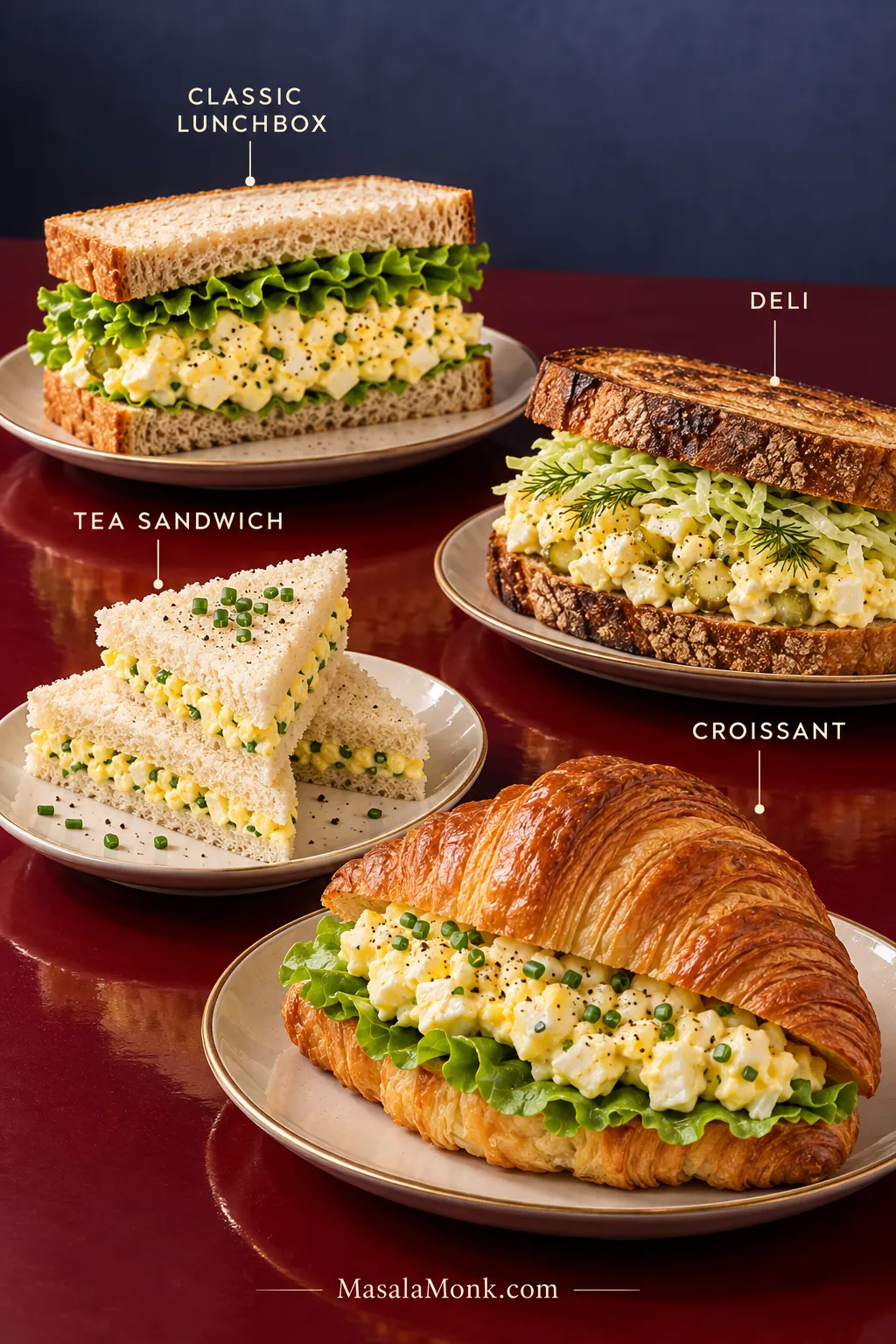 Four egg salad sandwiches on an oxblood table: classic sliced bread, toasted deli bread, triangular tea sandwiches and a croissant filled with egg salad.