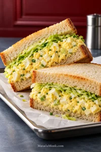Two egg salad sandwich halves on a metal tray, filled with chunky creamy egg salad and finely shredded lettuce between thick slices of bread.