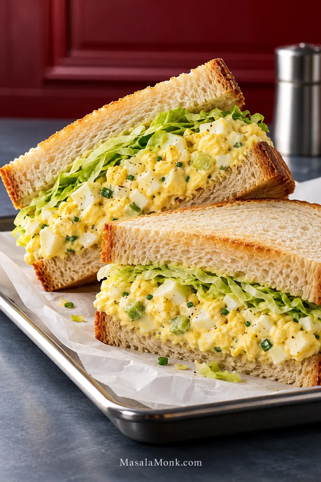 Two egg salad sandwich halves on a metal tray, filled with chunky creamy egg salad and finely shredded lettuce between thick slices of bread.
