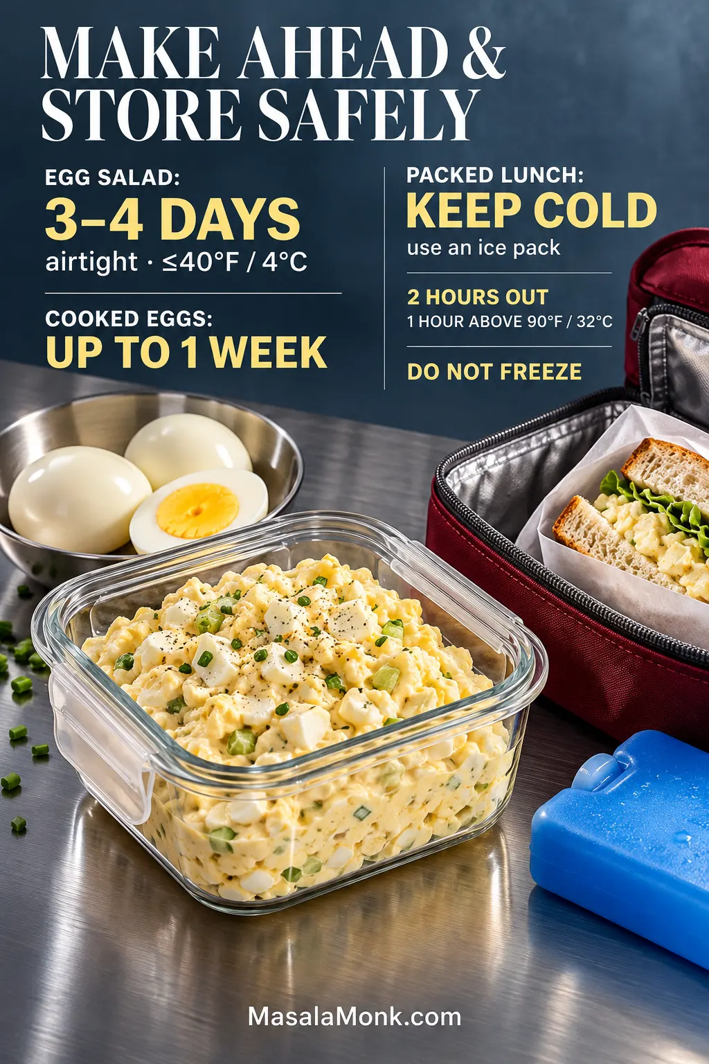 Airtight glass container of egg salad beside hard-boiled eggs, an insulated lunch bag with an egg salad sandwich, and a reusable ice pack for cold storage.