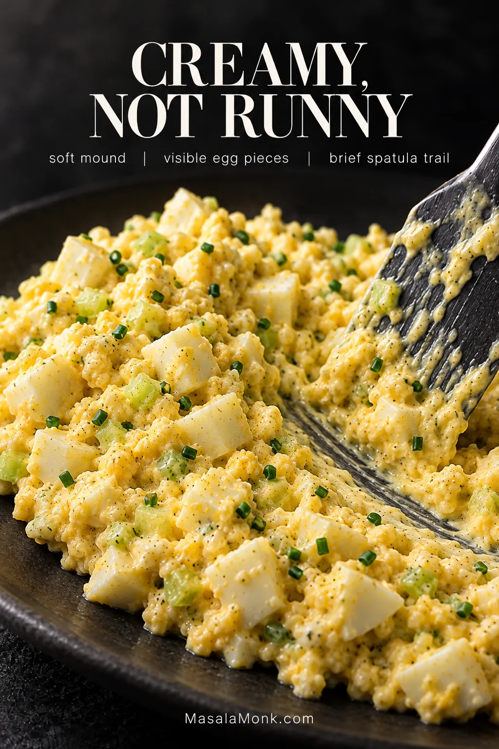 Close-up of chunky egg salad beside a spatula trail, showing visible egg pieces and a thick, moundable creamy consistency rather than a runny mixture.