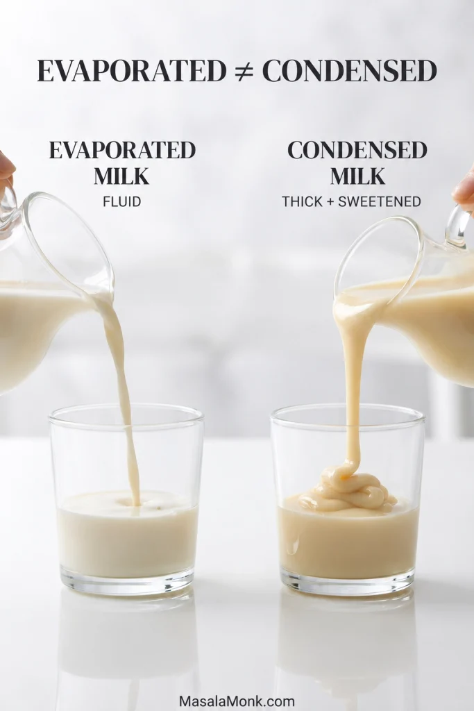 Evaporated milk pouring in a thin stream beside sweetened condensed milk falling in a thick ribbon into separate clear glasses.