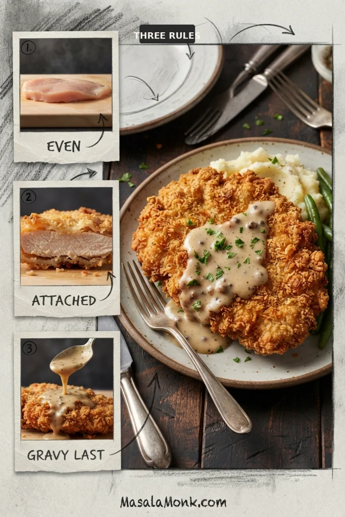 Instructional graphic showing an even chicken cutlet, breading attached to cooked chicken, and country gravy being spooned over fried chicken last.