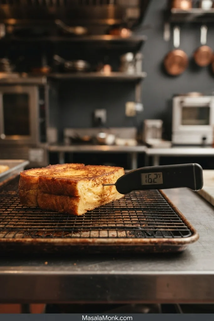 An extra-thick French toast slice rests on a rack as a thermometer enters its center horizontally from the side and reads 162°F.