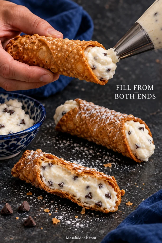 Hand piping ricotta cream deep into one end of a cannoli shell, demonstrating filling from both sides toward the centre.