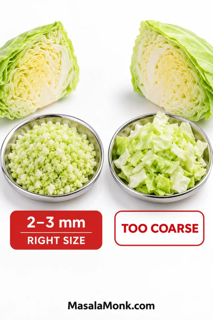 Side-by-side dishes comparing finely chopped 2–3 mm cabbage with much larger coarse cabbage pieces.
