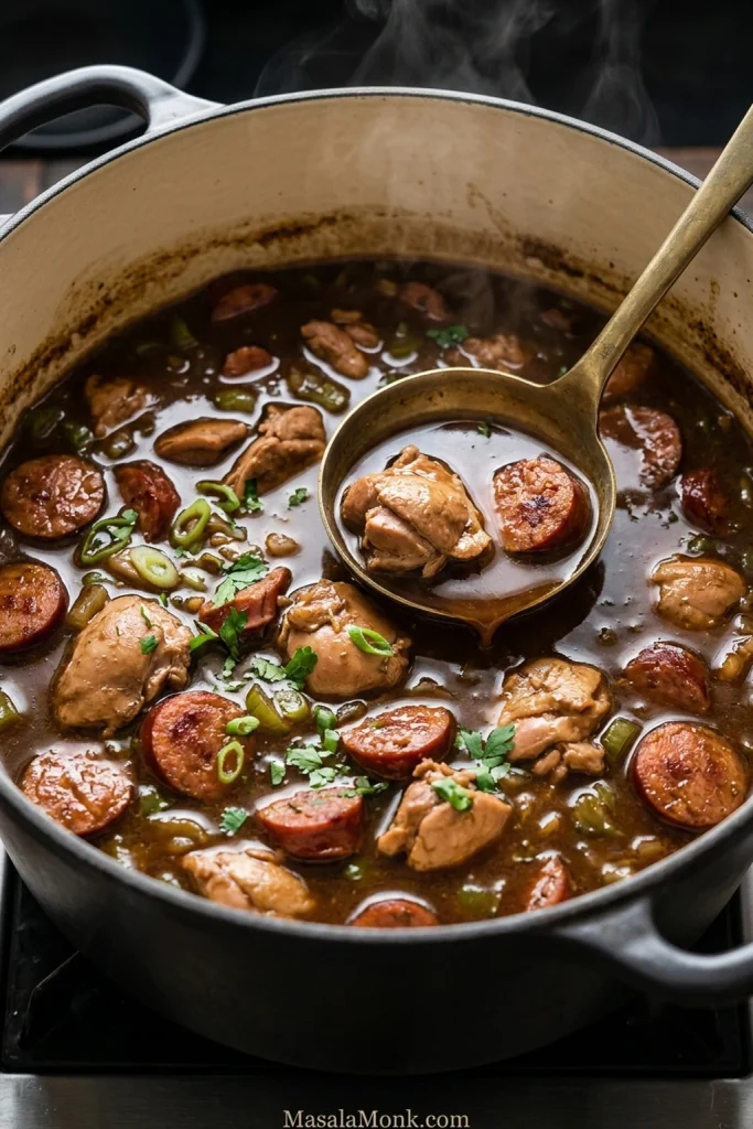 Finished chicken and sausage gumbo in a Dutch oven with dark broth, tender chicken, andouille and softened vegetables.