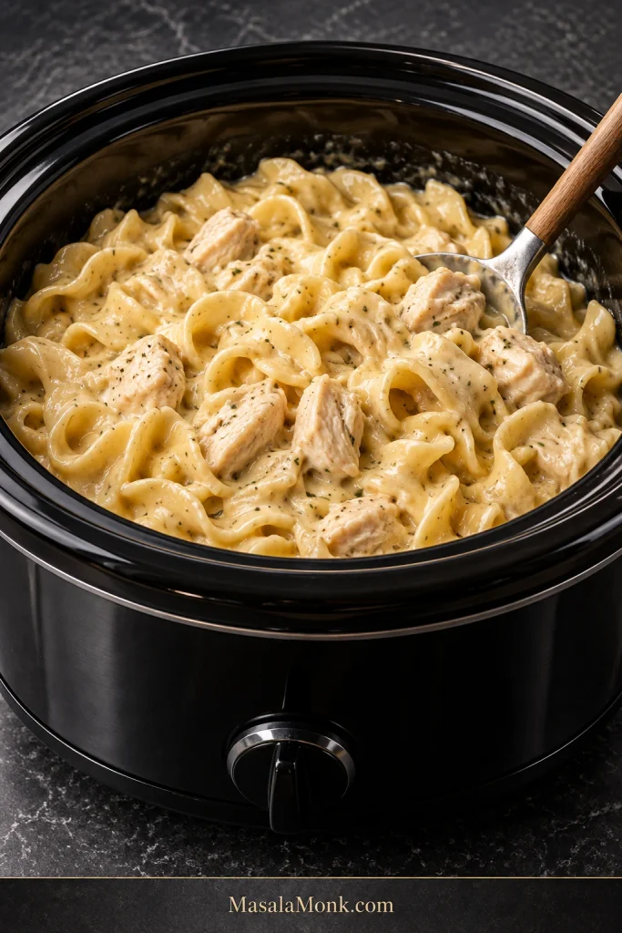 Finished creamy chicken and extra-wide egg noodles in a slow cooker, with chunky chicken folded through the sauce.