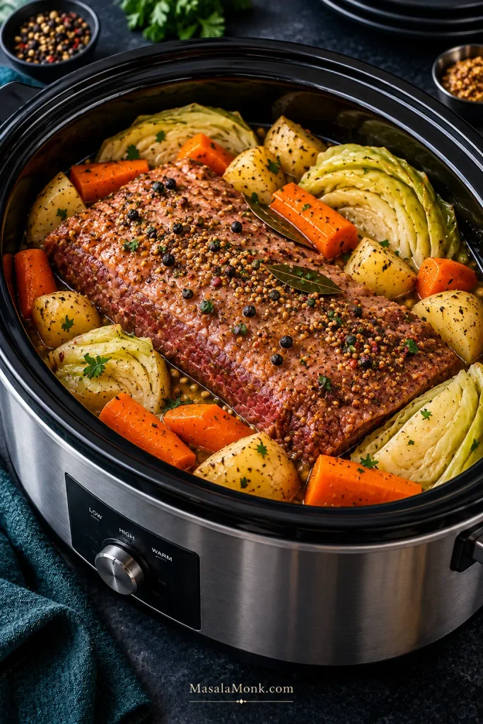 Whole cooked corned beef brisket in a slow cooker surrounded by intact cabbage wedges, carrots and potatoes.
