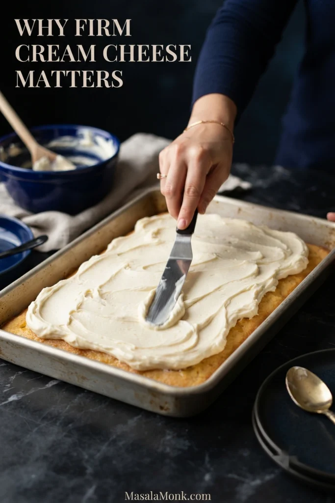 Thick white cream cheese frosting holding defined spatula ridges as it is spread over pineapple cake.